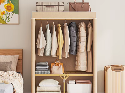 Modern Wardrobe Interior with Hanging Clothes Folded Items and Top Suitcase Storage 3d model