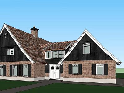 Traditional Style Detached Villa With Brick Exterior Gabled Roof Chimney And Shutter Windows 3d model