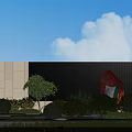 Modern Garden Landscape With White And Black Walls Red Lounge Chair Green Plants And Lawn