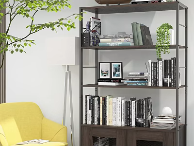 Modern Bookcase In Living Room With Yellow Chair Green Plant Photo Frames And Stacked Books 3d model