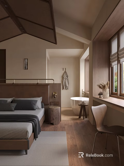 Cozy Hotel Room Interior With Comfortable Bed Wooden Furniture And Window View 3d model 