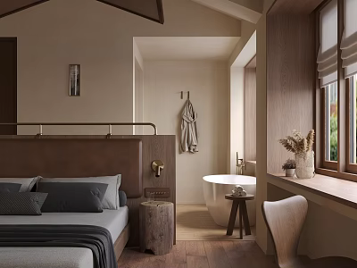 Cozy Hotel Room Interior With Comfortable Bed Wooden Furniture And Window View 3d model