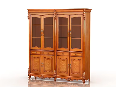 Classic Wooden Brown Bookcase With Glass Doors And Carved Cabinet Details 3d model