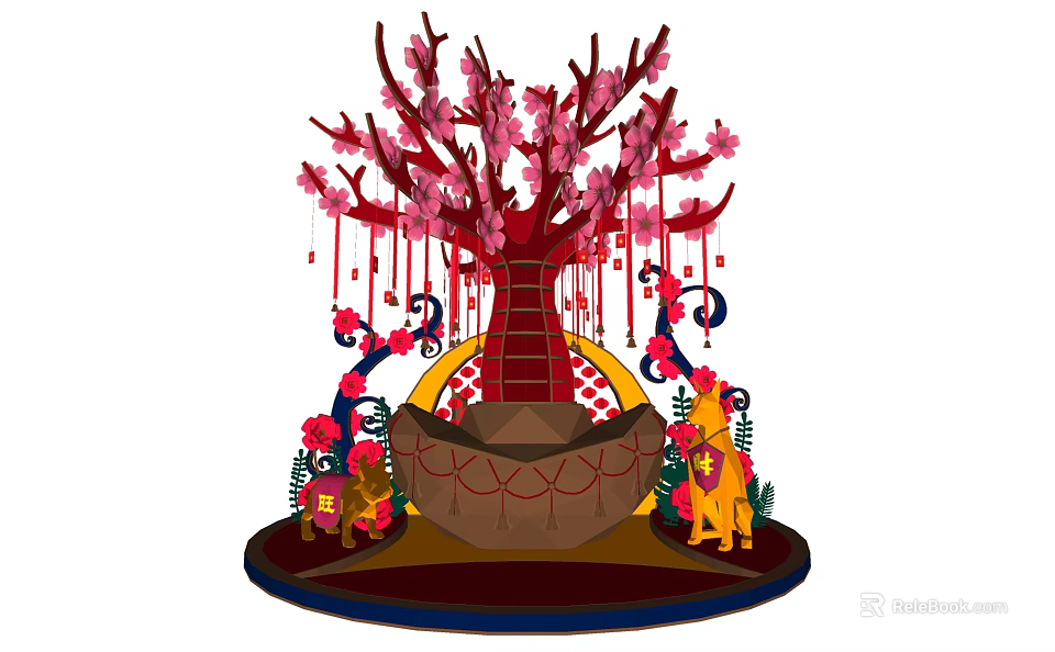 Decorative Arbor With Pink Blossoms Red Streamers Lion Figures And Floral Base 3d model 