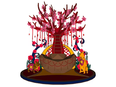 Decorative Arbor With Pink Blossoms Red Streamers Lion Figures And Floral Base 3d model