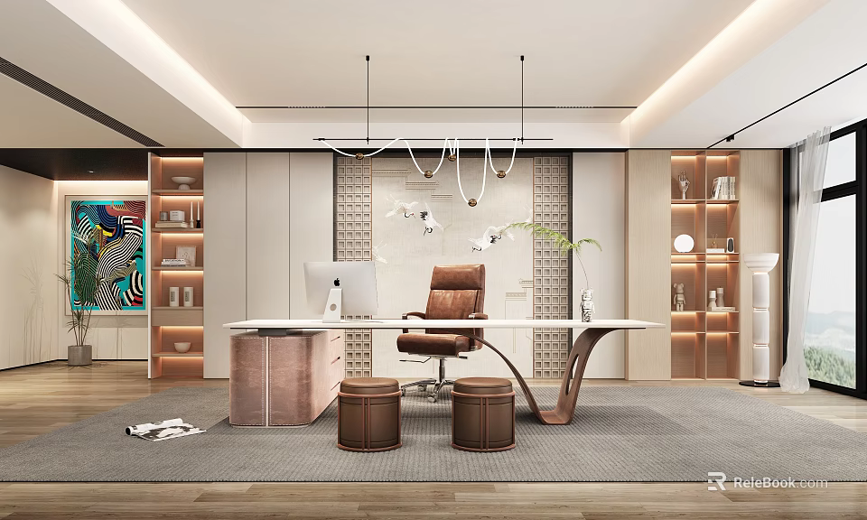 Modern Office Interior Design With Executive Desk Leather Chair Pendant Lights And Bookshelves 3d model 