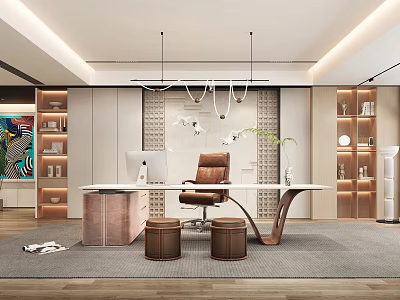 Modern Office Interior Design With Executive Desk Leather Chair Pendant Lights And Bookshelves 3d model
