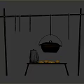 Outdoor Cooking Equipment with Metal Stand Hooks Hanging Iron Pot Small Table Metal Container Fruits