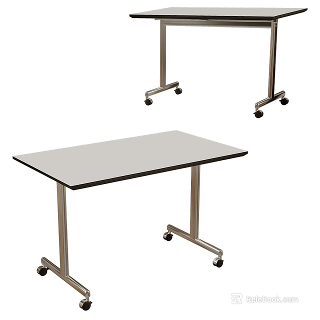 Modern Office Desk With Metal Frame Flat Gray Top And Rolling Wheels 3d model 