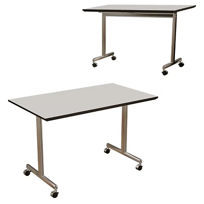 Modern Office Desk With Metal Frame Flat Gray Top And Rolling Wheels 3d model