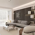 Modern Minimalist Living And Dining Room With Comfortable Grey Sofa And Exquisite Marble Coffee Table