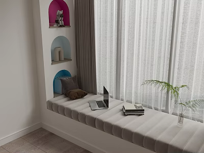 Colorful Arched Open Shelf Decorative Cabinet With Small Ornaments Window Seat Laptop And Green Plant 3d model