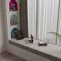 Colorful Arched Open Shelf Decorative Cabinet With Small Ornaments Window Seat Laptop And Green Plant
