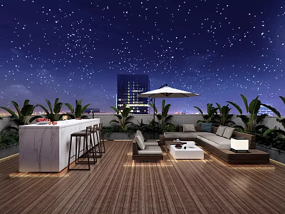 Rooftop Garden with Wooden Deck Bar Counter Sofa Plants and City View Under Starry Sky 3d model