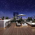 Rooftop Garden with Wooden Deck Bar Counter Sofa Plants and City View Under Starry Sky
