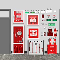 Wall Mounted Fire Equipment Featuring Extinguishers Hoses Tools And Signs Near Emergency Exit Door