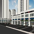 Vibrant Commercial Street with Modern Buildings Various Shops Outdoor Seating and Pedestrians