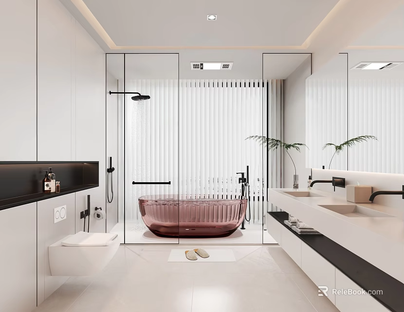 Modern Bathroom Interior With Pink Bathtub Glass Shower And Double Vanity Countertop 3d model 