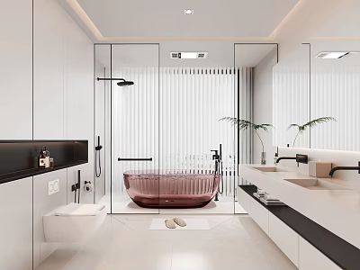 Modern Bathroom Interior With Pink Bathtub Glass Shower And Double Vanity Countertop 3d model