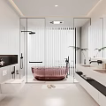 Modern Bathroom Interior With Pink Bathtub Glass Shower And Double Vanity Countertop
