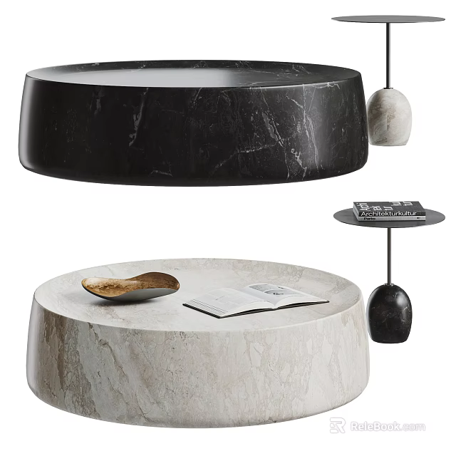 Round Black and Beige Marble Coffee Tables with Tray Book and Decorative Items 3d model 