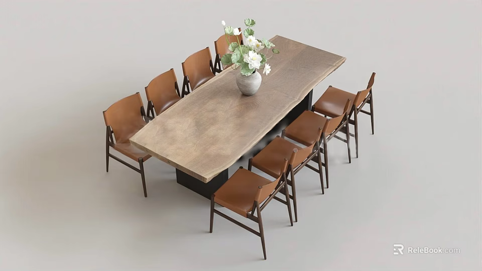 Modern Wooden Dining Table Set With Eight Dining Chairs And White Flower Vase 3d model 