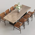 Modern Wooden Dining Table Set With Eight Dining Chairs And White Flower Vase