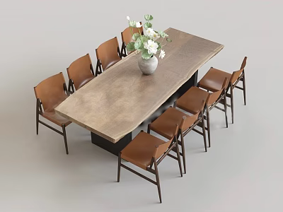 Modern Wooden Dining Table Set With Eight Dining Chairs And White Flower Vase 3d model