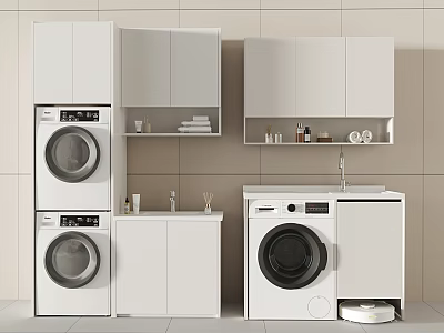 Cream solid wood washing machine cabinet washing machine dryer sweeping robot washing table integrated cabinet wash basin 3d model