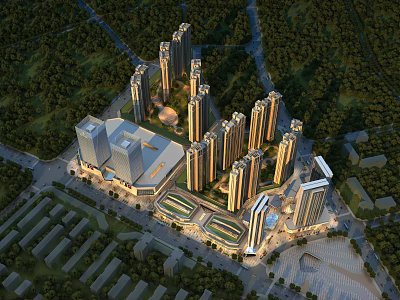 Aerial View Urban Planning With High Rise Buildings Commercial Center And Green Spaces 3d model