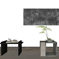 Black And Gray Stools With Open Book Green Plant On White Wall Black Abstract Painting Wooden Herringbone Floor