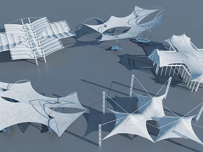 Tensile Membrane Structures In Modern Architectural Design With Geometric Shapes And Support Frames 3d model