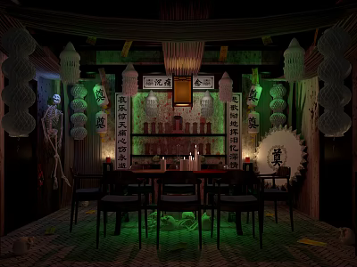 Traditional Chinese Ancestor Worship Altar With Tablets Red Lanterns Candles And Wooden Chairs 3d model