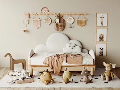 Kids Bed With Cloud Shaped Headboard Stuffed Animals Wall Decor And Soft Rug 3d model