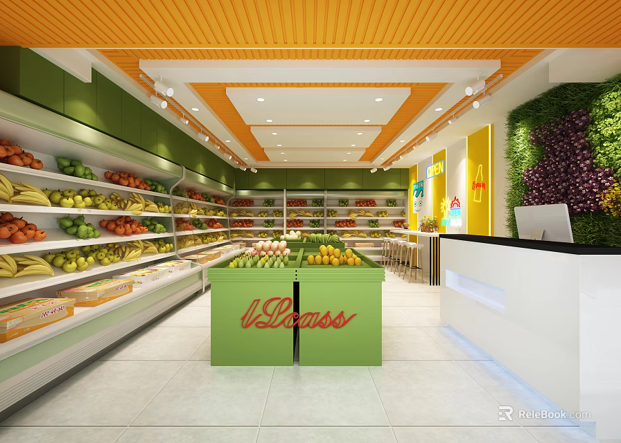 Fruit Store With Fresh Fruits Display Green Shelves Orange Ceiling And Organized Checkout Counter 3d model 