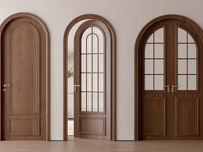 Wooden Hinged Doors Featuring Arched Top Glass Panels and Open Single Unit Design 3d model