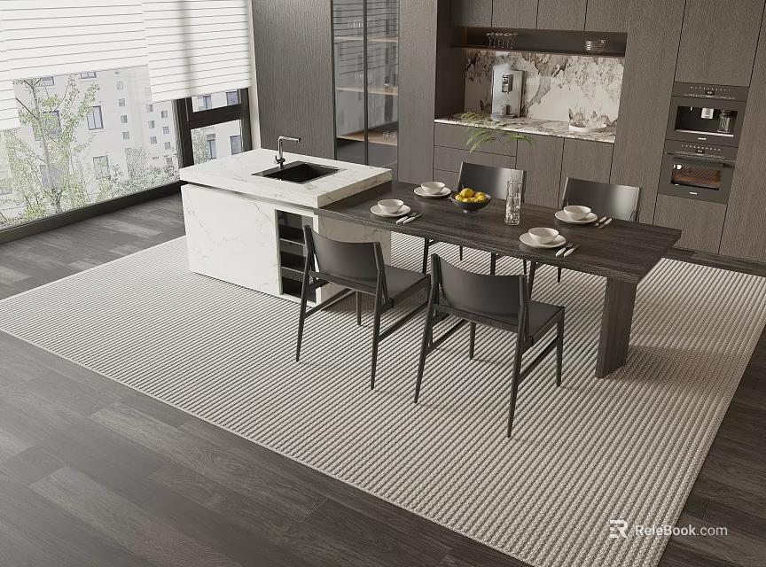 Modern Dining Table Set With Chairs In Open Kitchen Interior Design 3d model