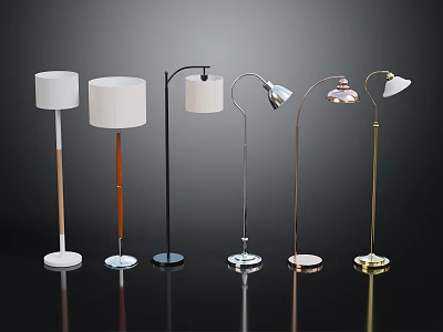 Furniture Floor Lamps In Various Styles With Wooden Metal Poles And Round Bases 3d model