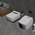Modern Bathroom Interior With Two White Wall Hung Toilets And Marble Sink Accessories