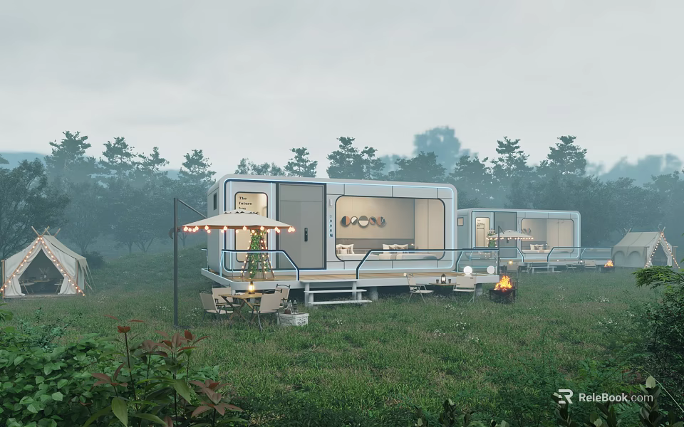 Modern Container Style Guesthouse Building Set In Misty Grassland With Trees Terrace And Outdoor Seating 3d model 