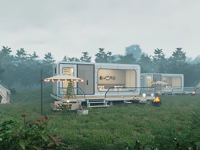 Modern Container Style Guesthouse Building Set In Misty Grassland With Trees Terrace And Outdoor Seating 3d model