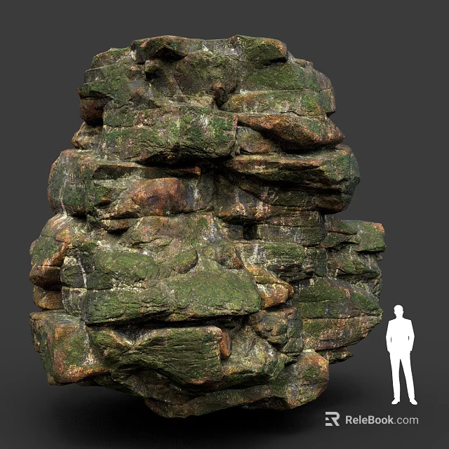 Natural Stacked Stone Structure With Green Moss Cover And Human Silhouette For Size Scale 3d model 