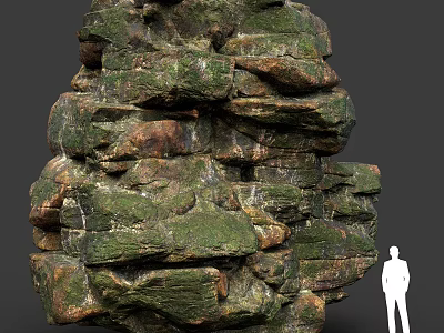 Natural Stacked Stone Structure With Green Moss Cover And Human Silhouette For Size Scale 3d model