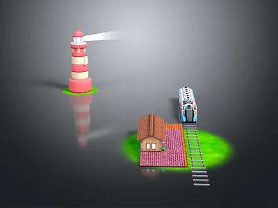 Miniature Train on Railway Track with Lighthouse and Small House Model 3d model