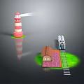 Miniature Train on Railway Track with Lighthouse and Small House Model