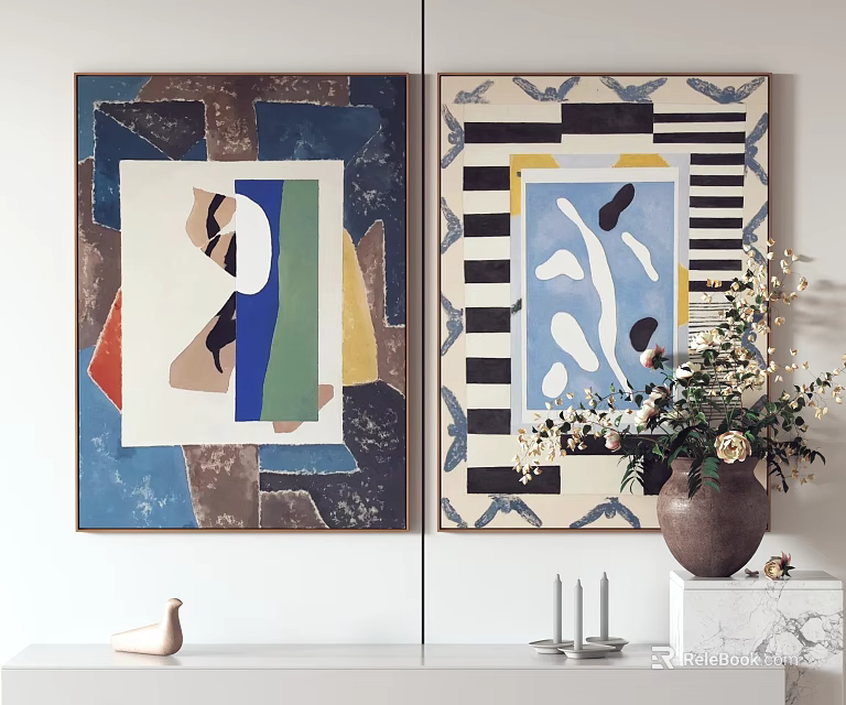 Modern Interior With Abstract Art Paintings And Decor Elements 3d model