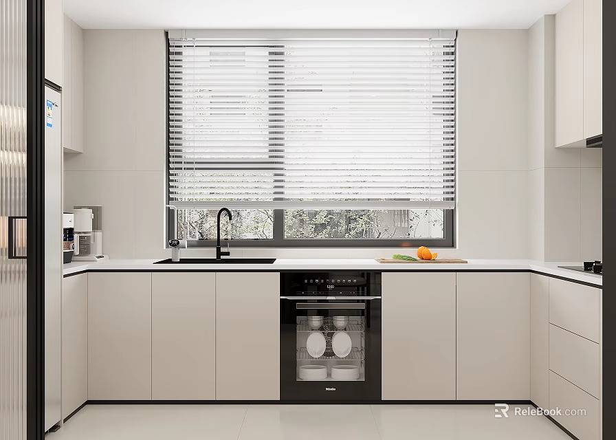 Modern Kitchen Interior Design With White Cabinets Black Dishwasher Sink And Window Blinds 3d model 
