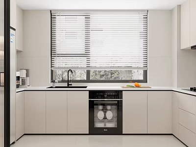 Modern Kitchen Interior Design With White Cabinets Black Dishwasher Sink And Window Blinds 3d model