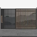 Modern Metal Gate With Vertical Slat Design Stone Pillars Wall Lamps And Green Landscape