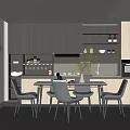 Modern Restaurant Interior Design With Wooden Cabinets Dining Table Gray Chairs Open Shelves And Plant